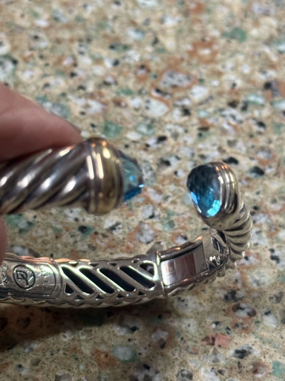 David Yurman Sterling Silver & 18k Twisted Cuff Bracelet hinged blue topaz tips
